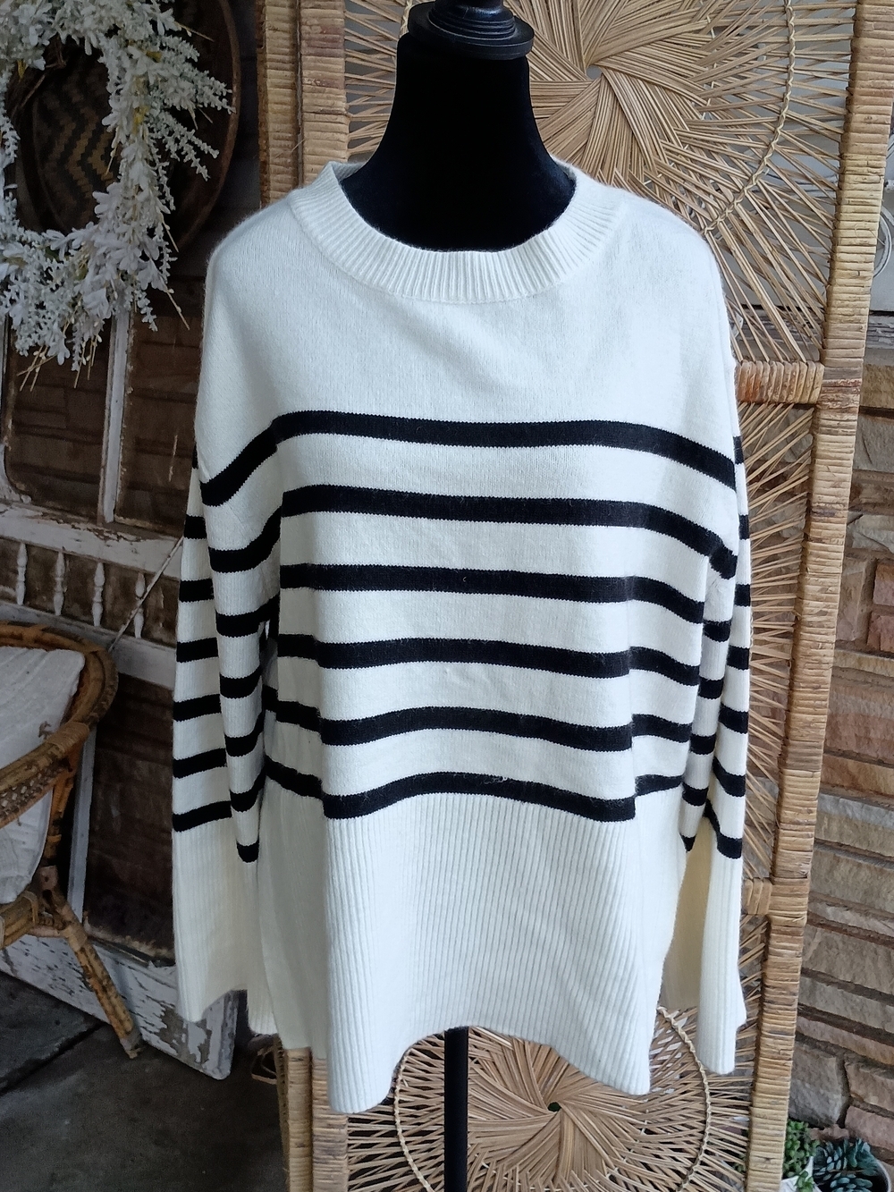 BiBi Black and White Striped Crewneck Sweater_S